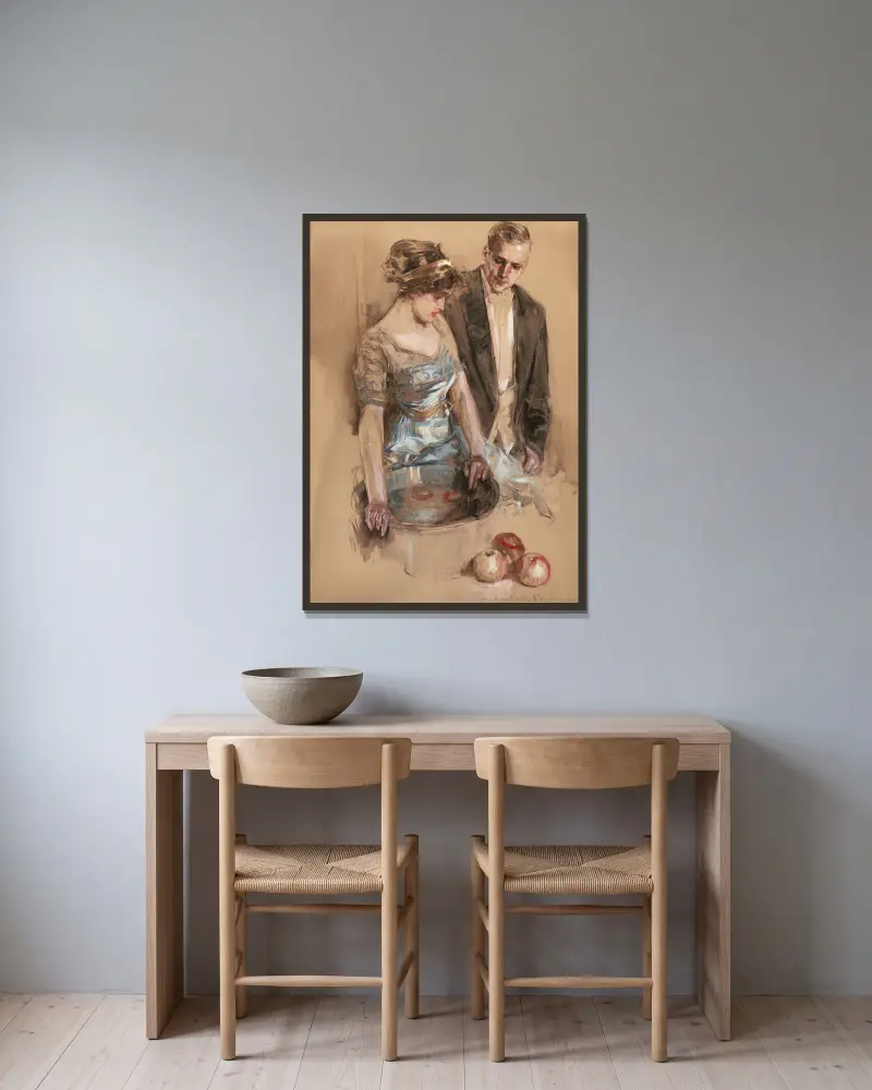 De älskandes ögonblick — början av deras första äppelpaj av Howard Chandler Christy inramad på en vägg