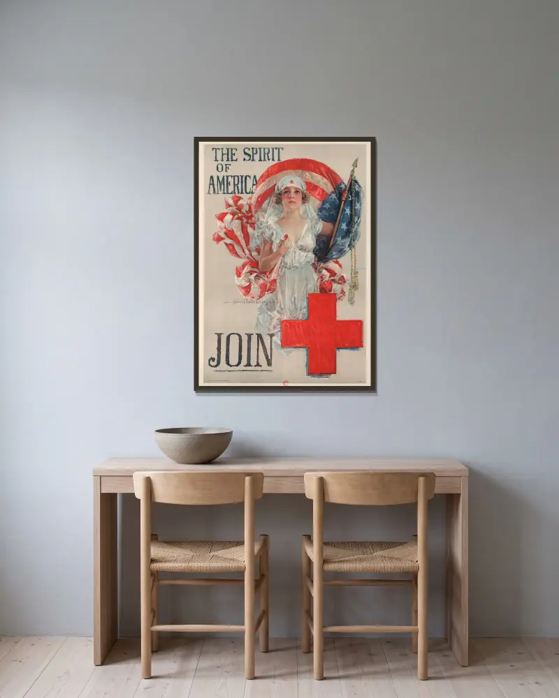 Der Geist Amerikas. Mach mit (Amerikanisches Rotes Kreuz), 1919 – Nr. 1 von Howard Chandler Christy gerahmt an einer Wand