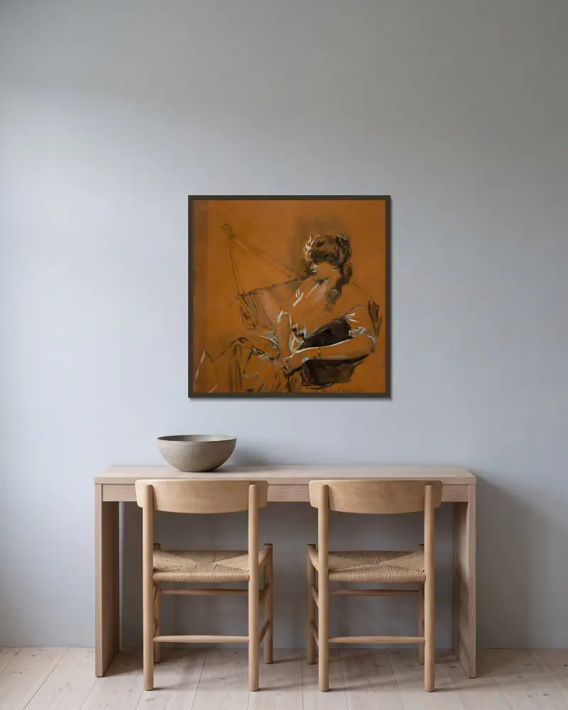 Kvinna i hängmatta av Howard Chandler Christy inramad på en vägg