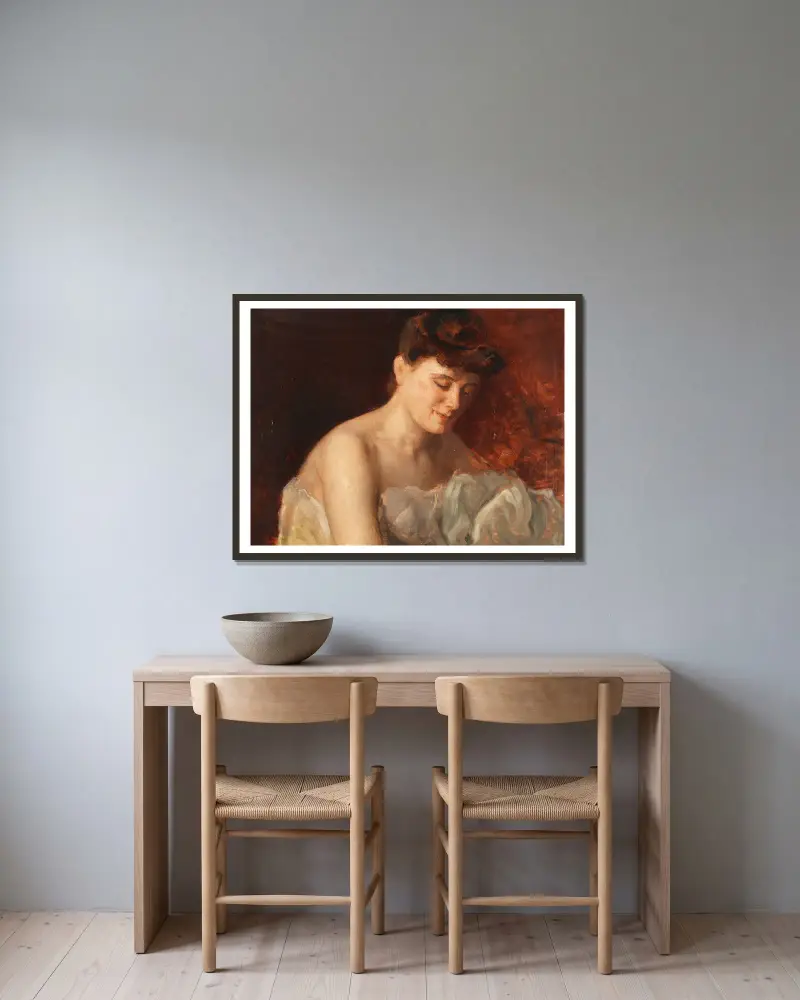 Frauenporträt (Studie) av Charles Chaplin inramad på en vägg