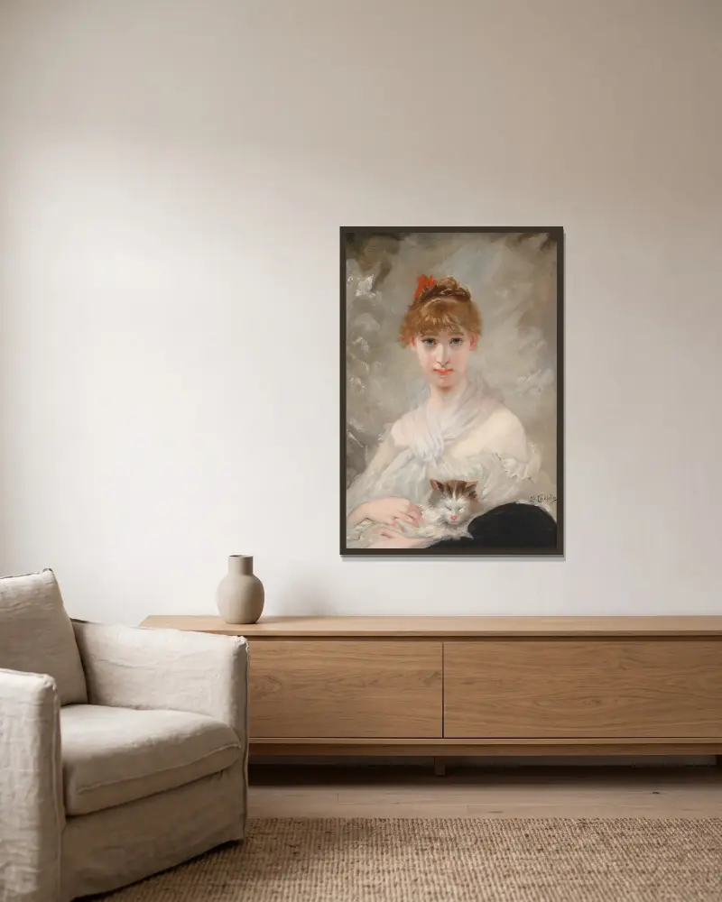 Mädchen mit weißem Tuch und Katze av Charles Chaplin inramad på en vägg