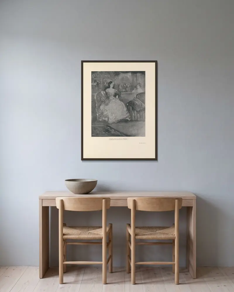 Kvinna i en loge på teatern av Charles Conder inramad på en vägg