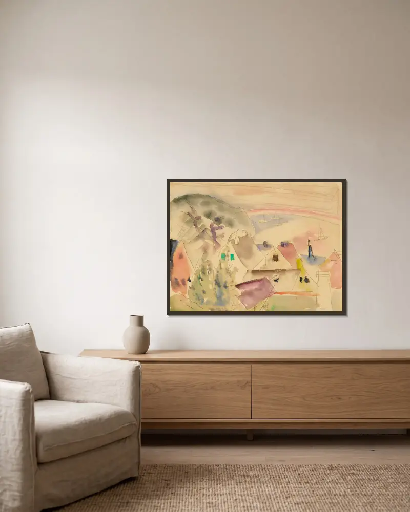 Hausdächer, Meeresküste von Charles Demuth gerahmt an einer Wand