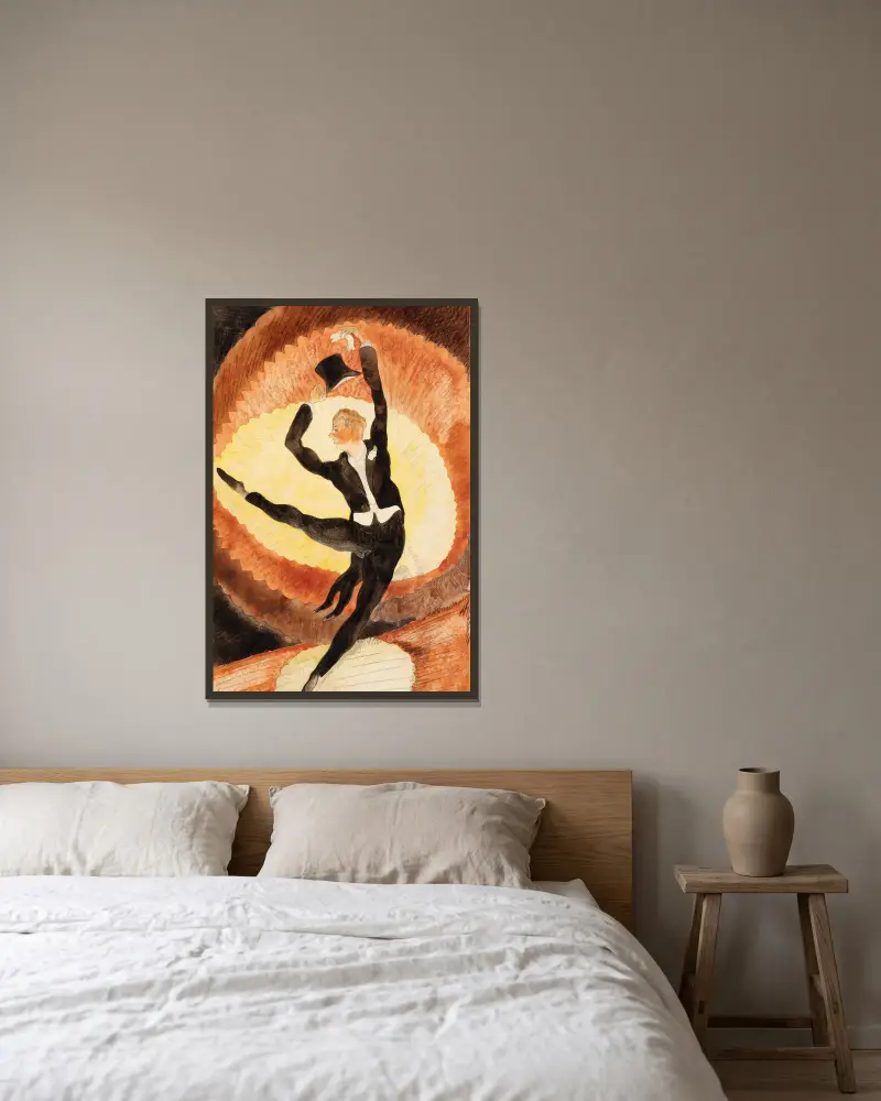 På varieté, akrobatisk manlig dansare med hög hatt av Charles Demuth inramad på en vägg