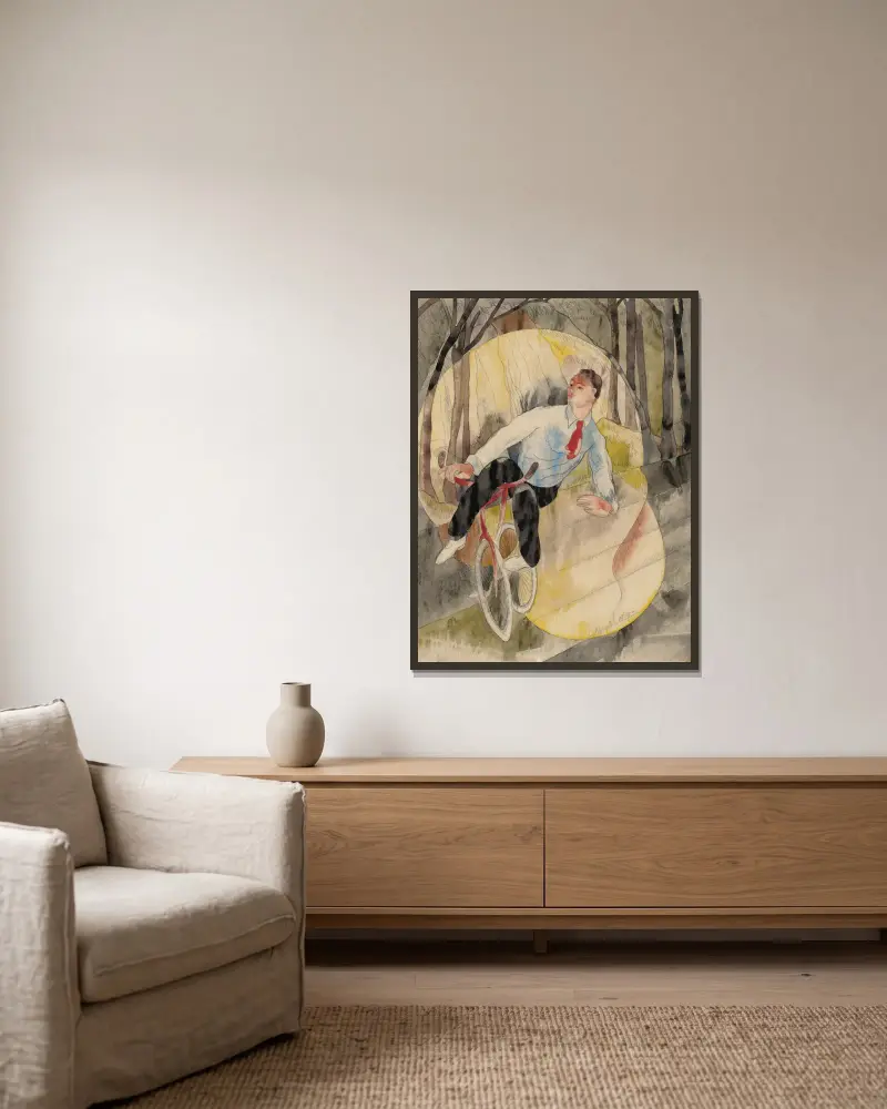 På varieté, cykelryttaren av Charles Demuth inramad på en vägg