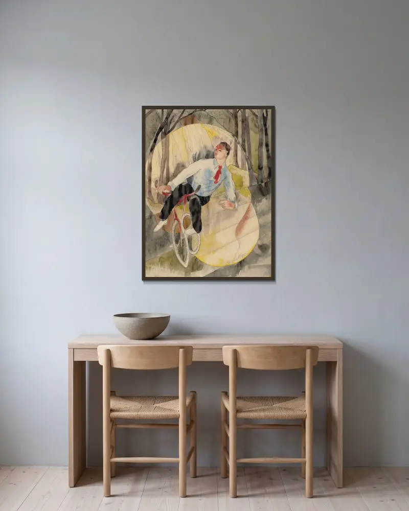 På varieté, cykelryttaren av Charles Demuth inramad på en vägg