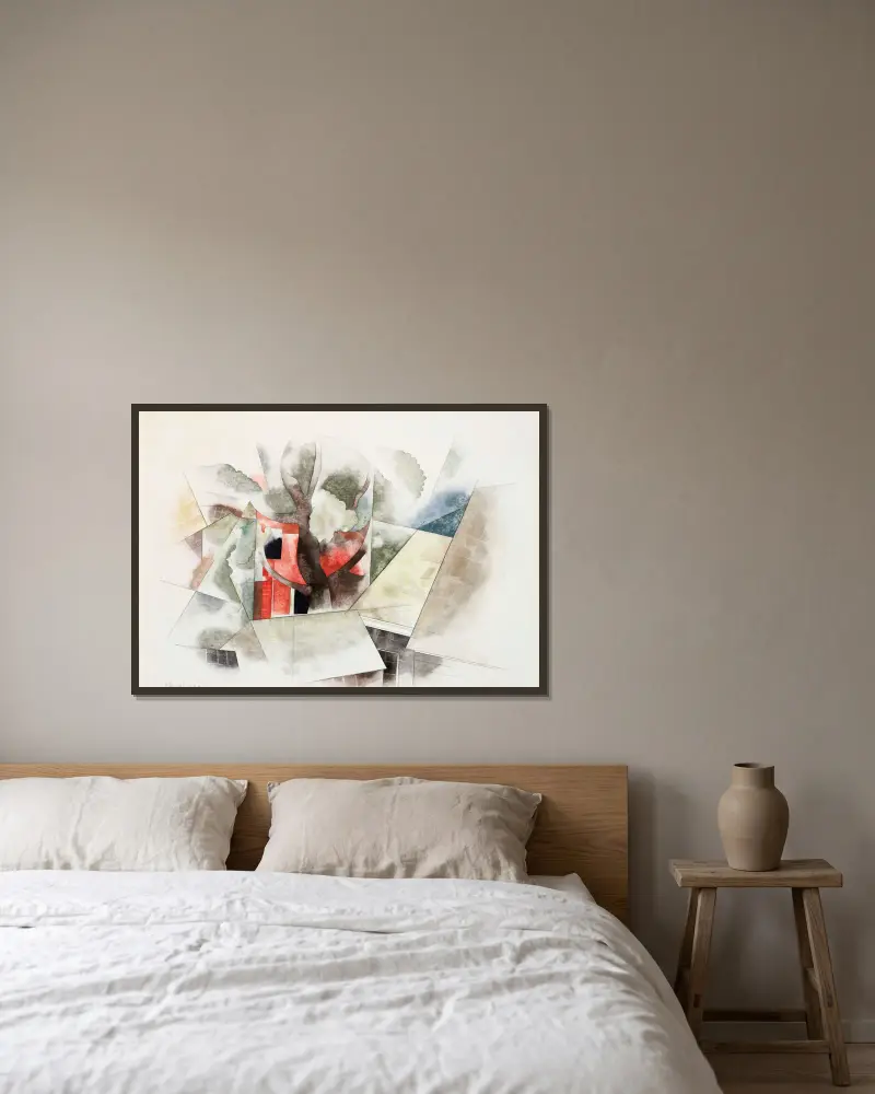 Rooftops and Fantasy av Charles Demuth inramad på en vägg