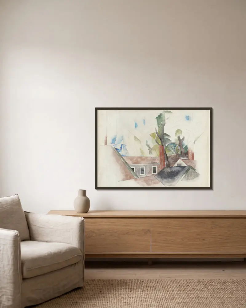 Dächer und Bäume von Charles Demuth gerahmt an einer Wand