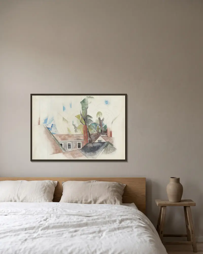Dächer und Bäume von Charles Demuth gerahmt an einer Wand
