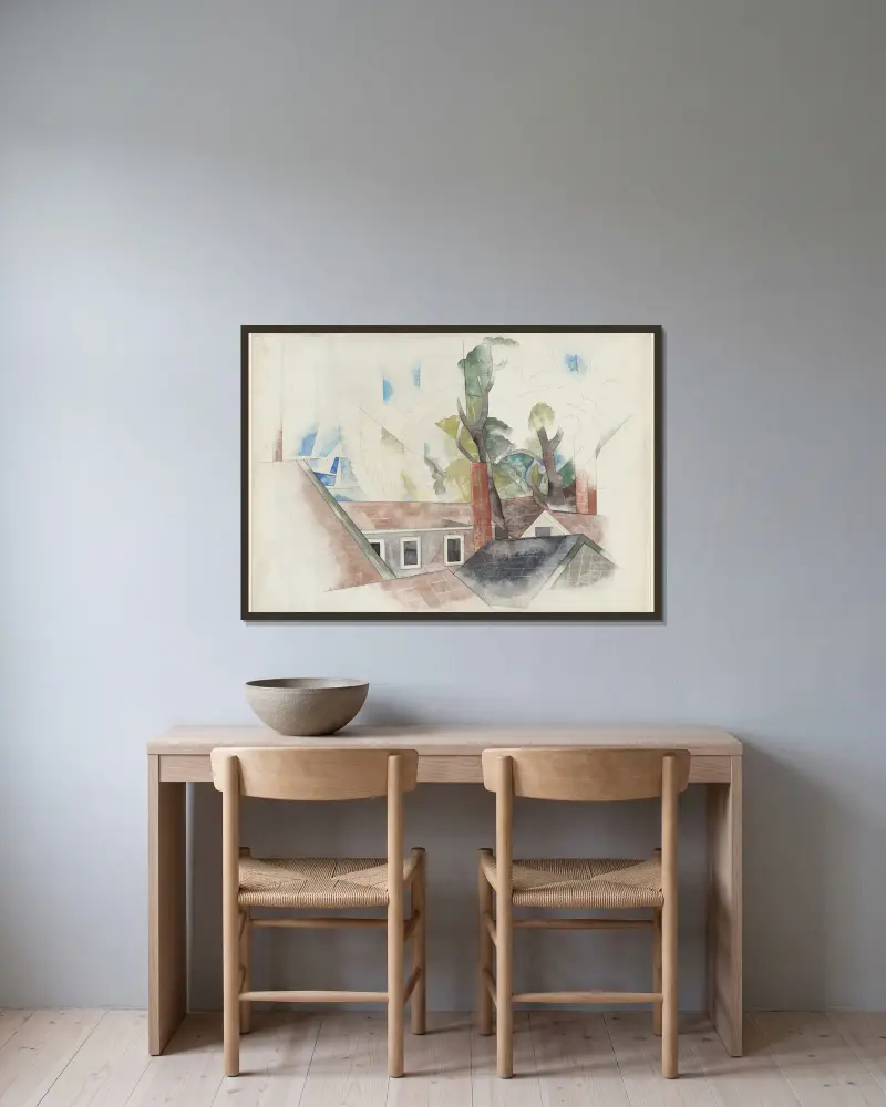 Dächer und Bäume von Charles Demuth gerahmt an einer Wand