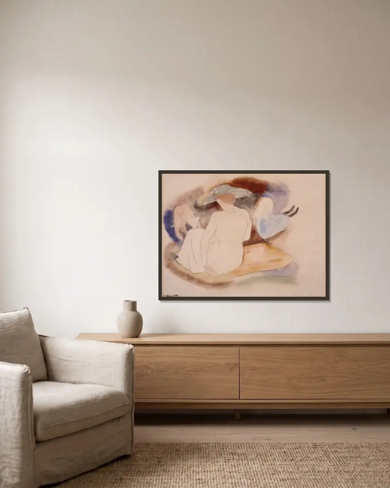 Kvinna med hatt och 2 figurer av Charles Demuth inramad på en vägg