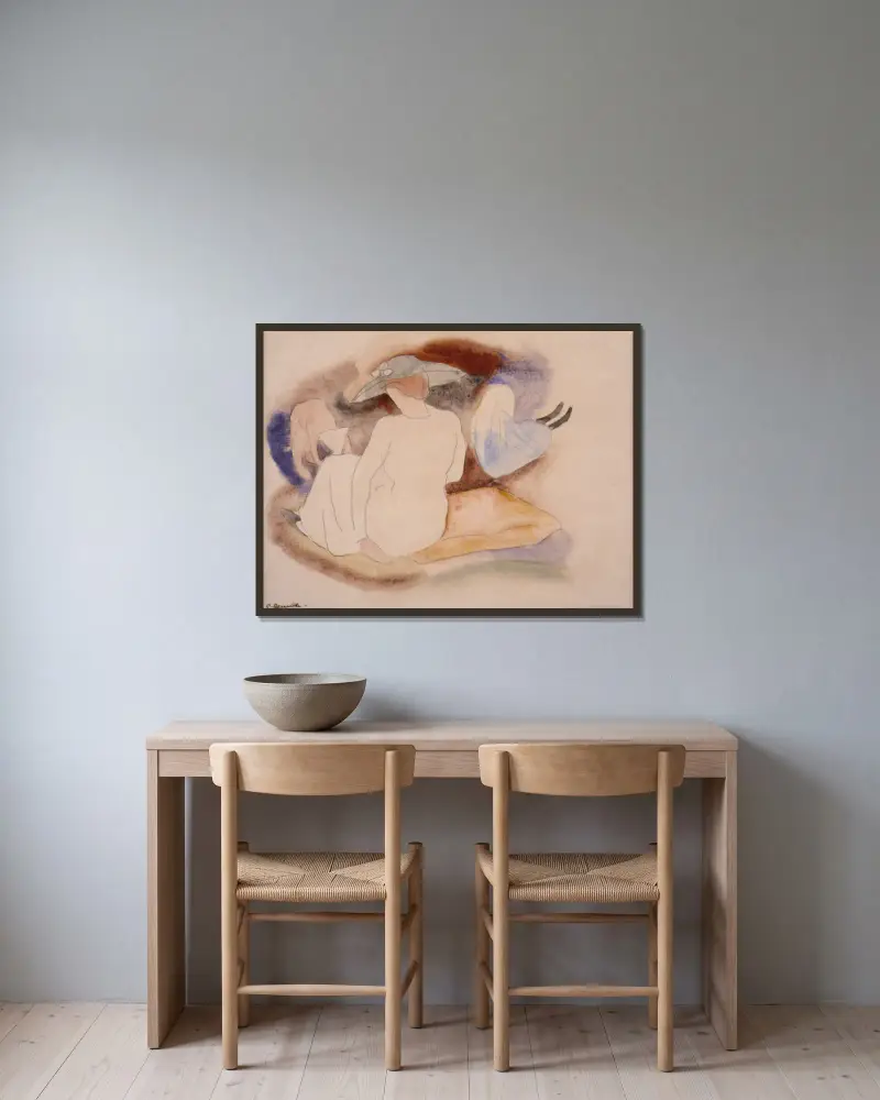 Kvinna med hatt och 2 figurer av Charles Demuth inramad på en vägg