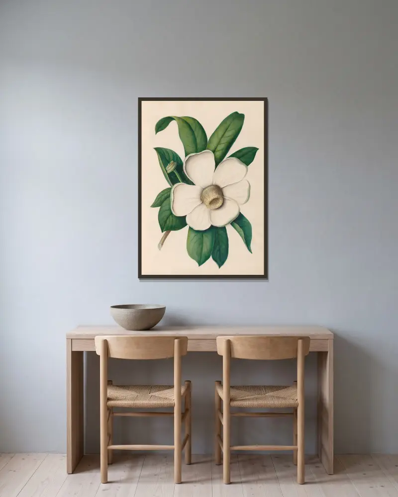 Teckningar av tropiska blommor och frukter från Sydamerika, plansch 25 av Charles Empson inramad på en vägg