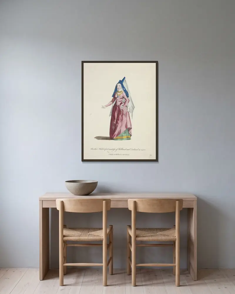 En annan dräkt för en grevinna av Holland och Zeeland 1480 av Charles Grignion inramad på en vägg