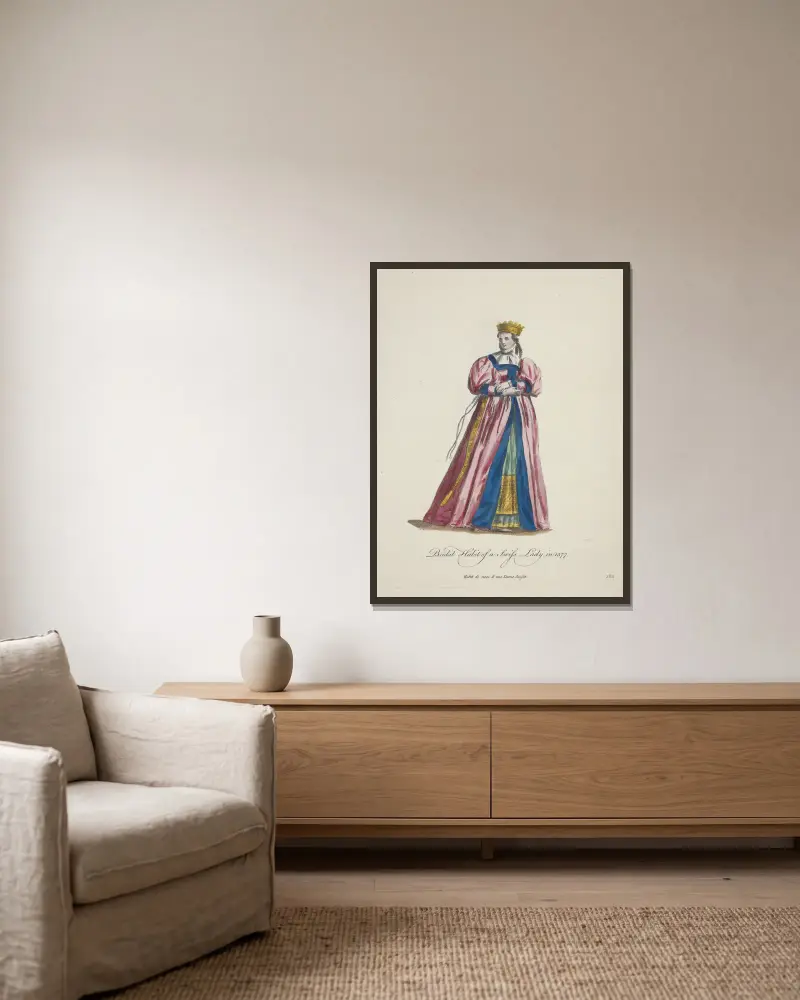Brautkleid einer Schweizer Dame im Jahr 1577 von Charles Grignion gerahmt an einer Wand