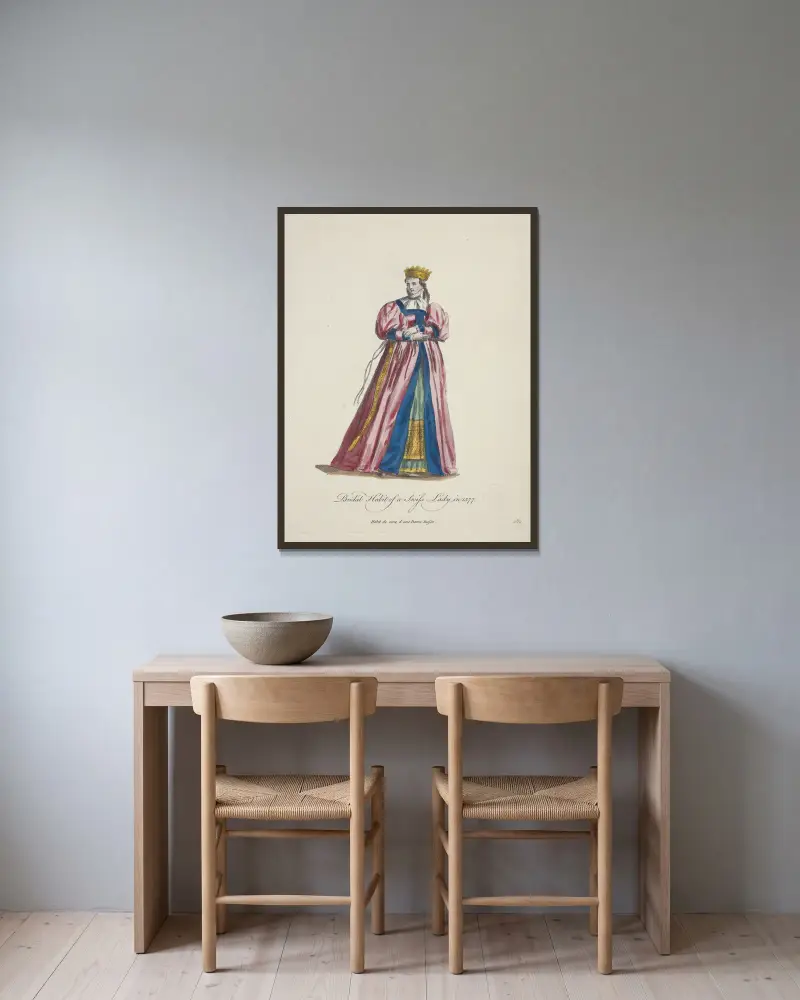 Brautkleid einer Schweizer Dame im Jahr 1577 von Charles Grignion gerahmt an einer Wand