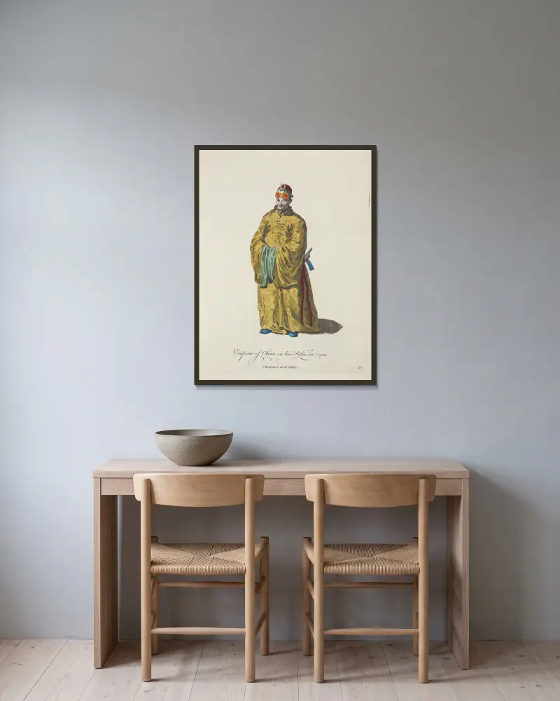 Kaiser von China in seinen Gewändern, im Jahr 1700 von Charles Grignion gerahmt an einer Wand