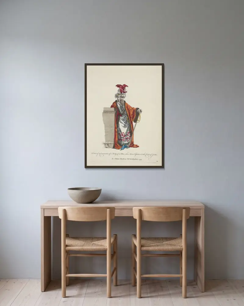 Dräkt för befälhavare över en grupp om 100 män, som tjänar som rättstjänare vid domstolarna. Le chiaoro bachi ou chef des huissiers 1749. av Charles Grignion inramad på en vägg