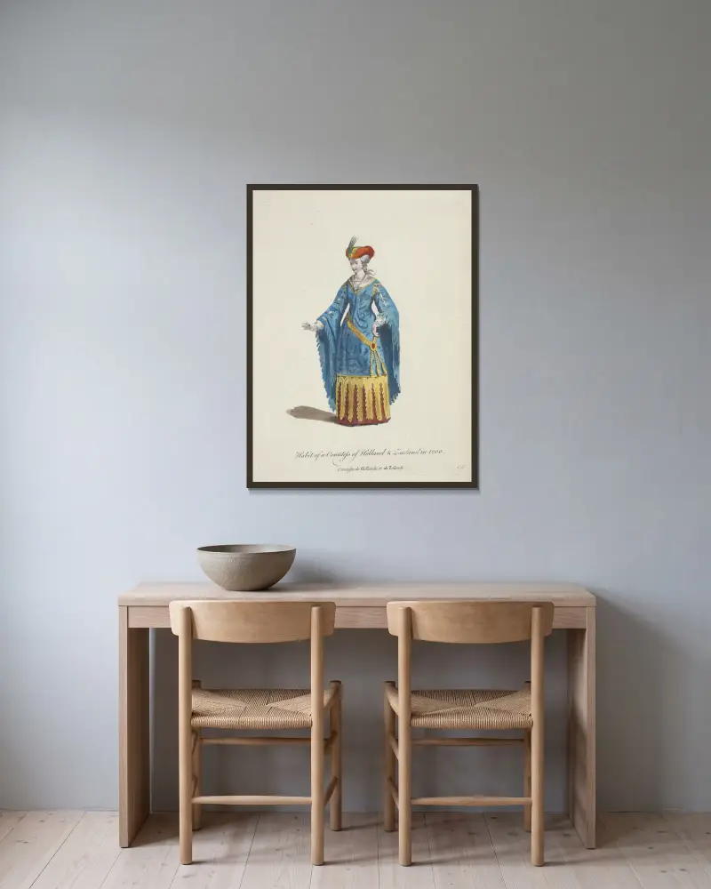 Dräkt för en grevinna av Holland och Zeeland 1200 av Charles Grignion inramad på en vägg
