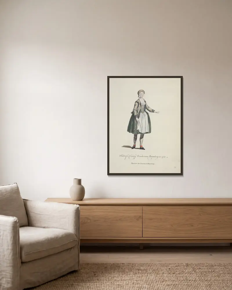 Tracht einer Landfrau aus der Umgebung von Nürnberg im Jahr 1755 von Charles Grignion gerahmt an einer Wand