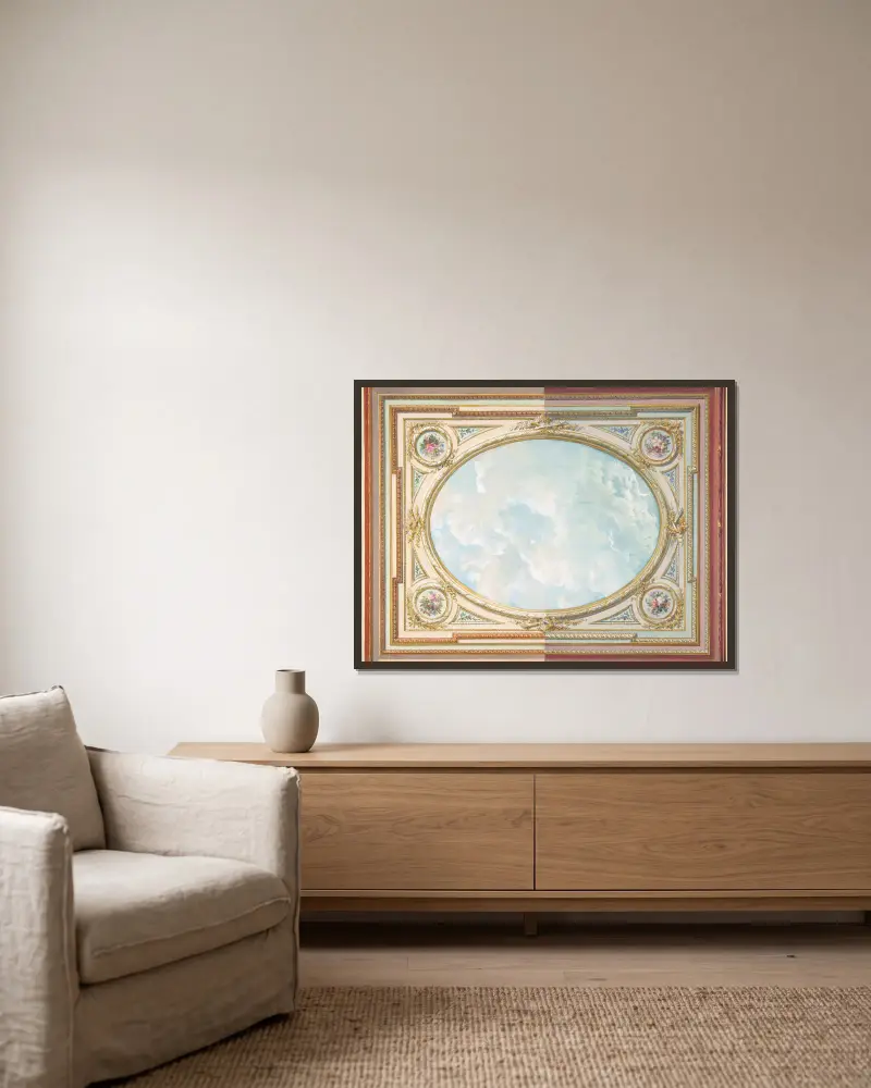 Förslag till takutsmyckning med trompe l'oeil-himmel av Jules-Edmond-Charles Lachaise inramad på en vägg