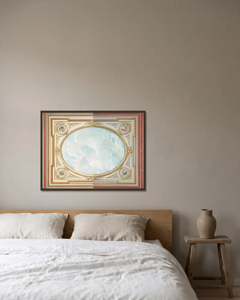 Förslag till takutsmyckning med trompe l'oeil-himmel av Jules-Edmond-Charles Lachaise inramad på en vägg