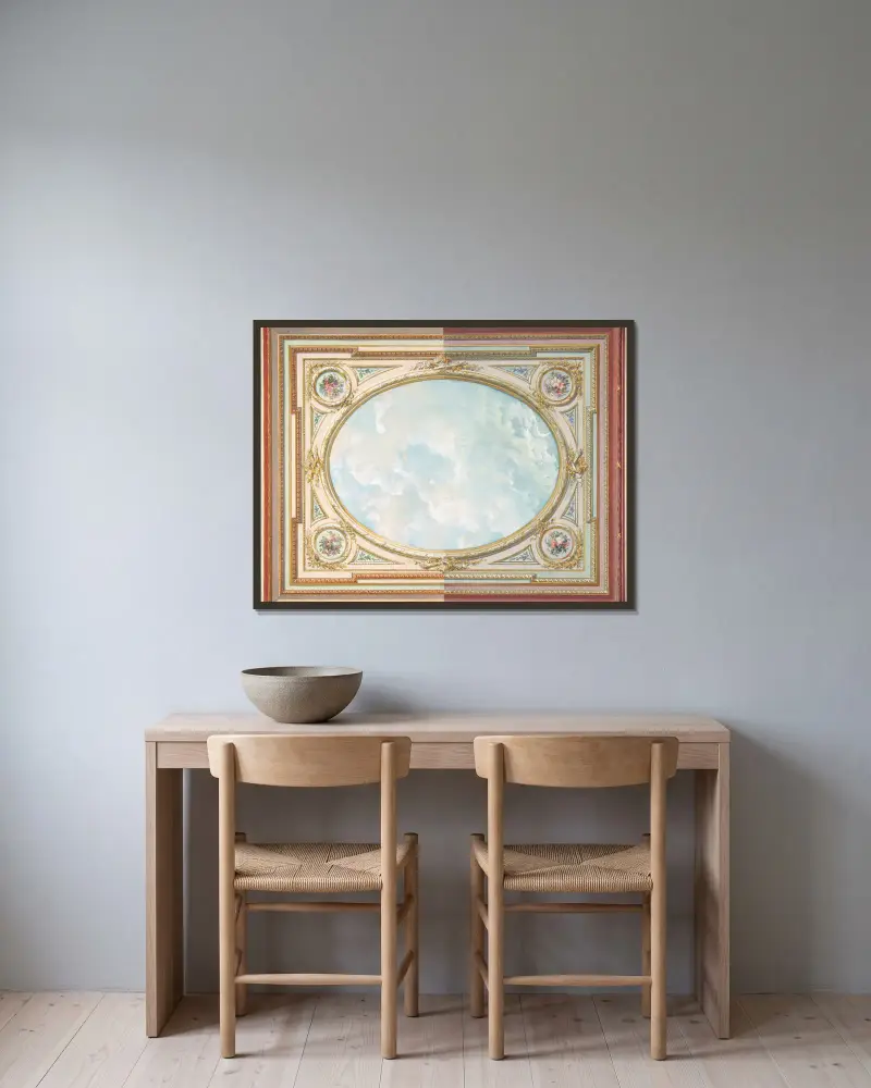 Förslag till takutsmyckning med trompe l'oeil-himmel av Jules-Edmond-Charles Lachaise inramad på en vägg