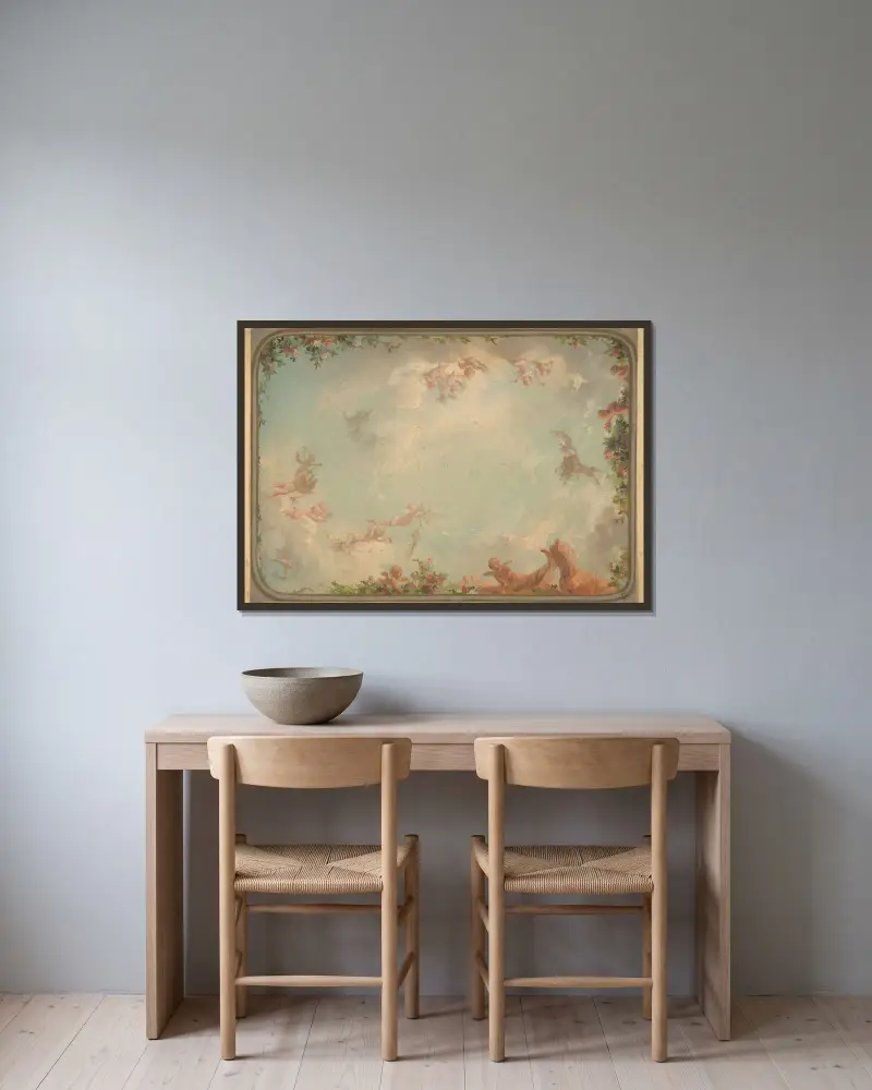 Takutsmyckning med putti i moln och rosor av Jules-Edmond-Charles Lachaise inramad på en vägg