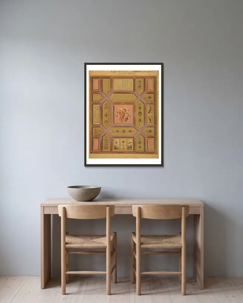 Entwurf für eine Kassettendecke mit Putten, Vögeln und Blumenmotiven von Jules-Edmond-Charles Lachaise gerahmt an einer Wand