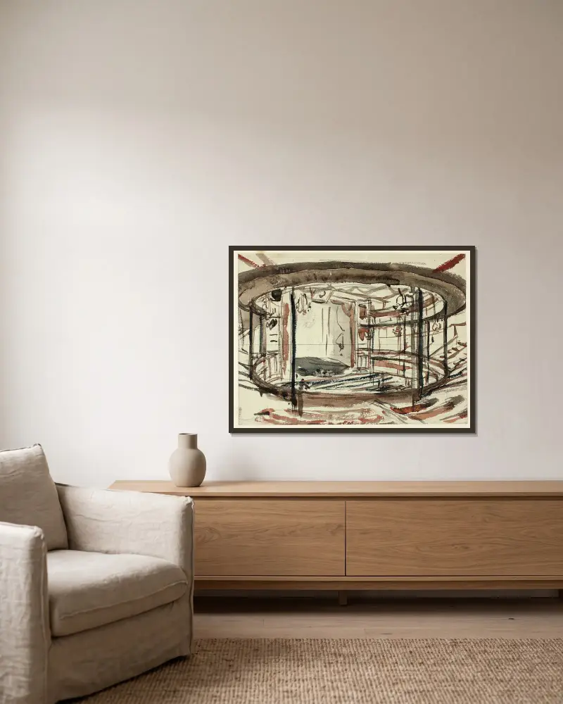 Study for Sadlers Wells Theater, 1809 – nr 1 av Augustus Charles Pugin inramad på en vägg