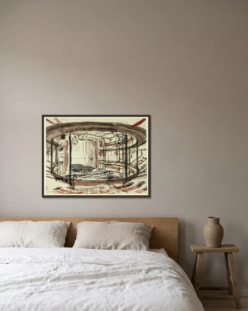 Study for Sadlers Wells Theater, 1809 – nr 1 av Augustus Charles Pugin inramad på en vägg