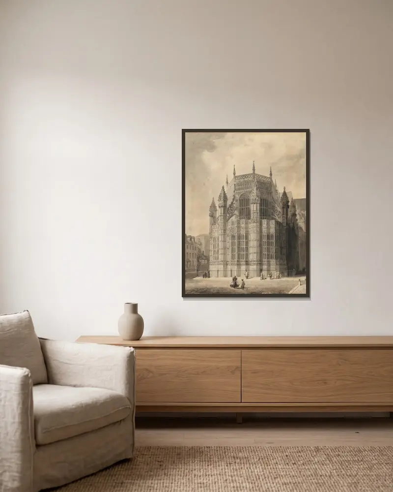 Exteriör av Henrik VII:s kapell, Westminster Abbey av Augustus Charles Pugin inramad på en vägg