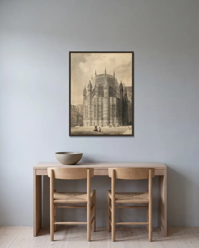 Exteriör av Henrik VII:s kapell, Westminster Abbey av Augustus Charles Pugin inramad på en vägg