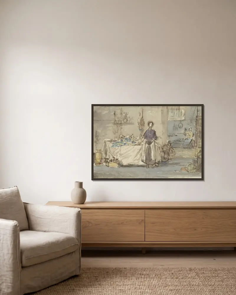 Keukeninterieur av Charles Rochussen inramad på en vägg