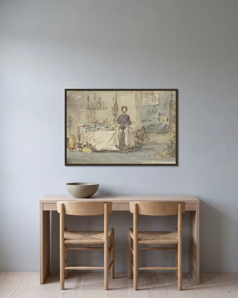 Keukeninterieur av Charles Rochussen inramad på en vägg