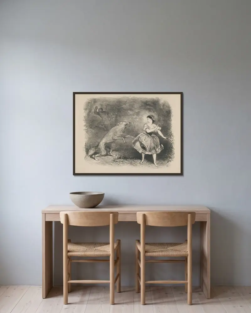 Szene aus dem Ballett „Rotkäppchen und der Wolf“ von Charles Rochussen gerahmt an einer Wand