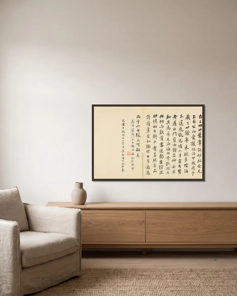 Calligraphy av Chen Hongshou inramad på en vägg