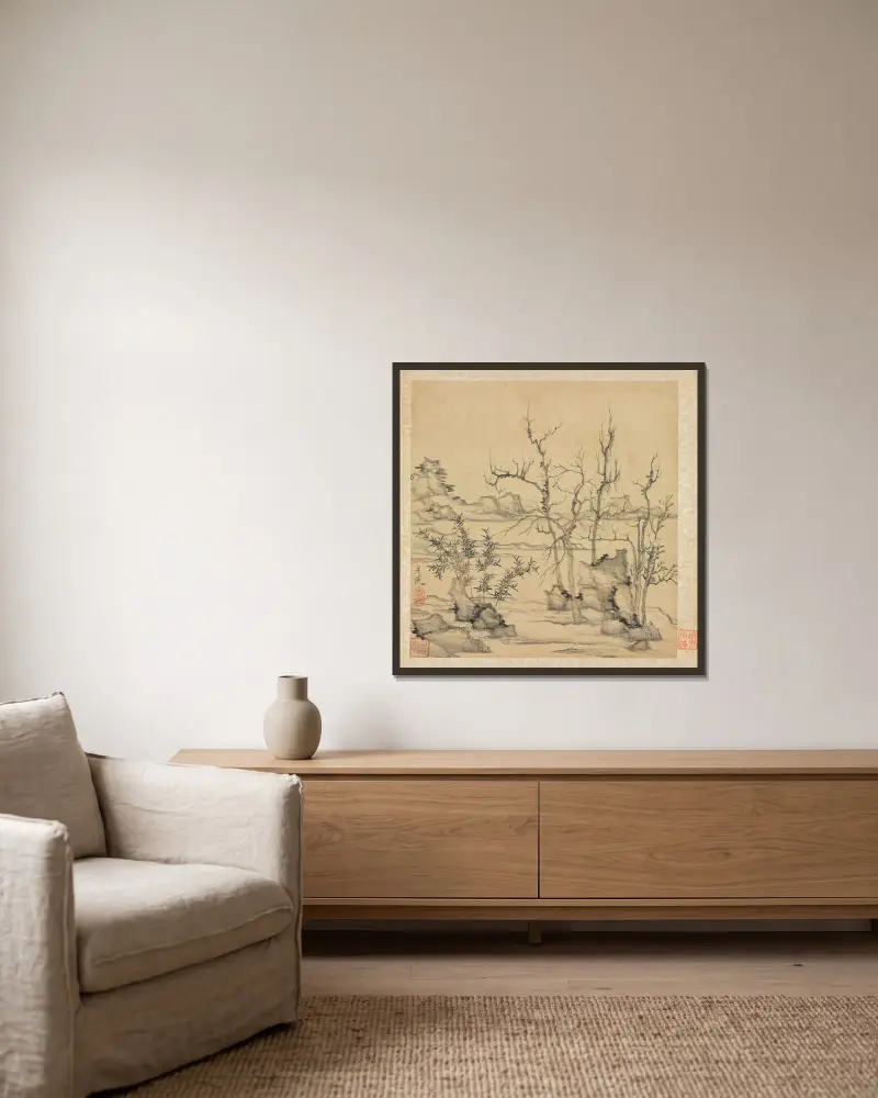 Landschaft im Stil des Ni Zan von Chen Hongshou gerahmt an einer Wand