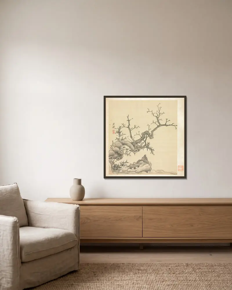 Rock, Old Tree, and Bamboo av Chen Hongshou inramad på en vägg