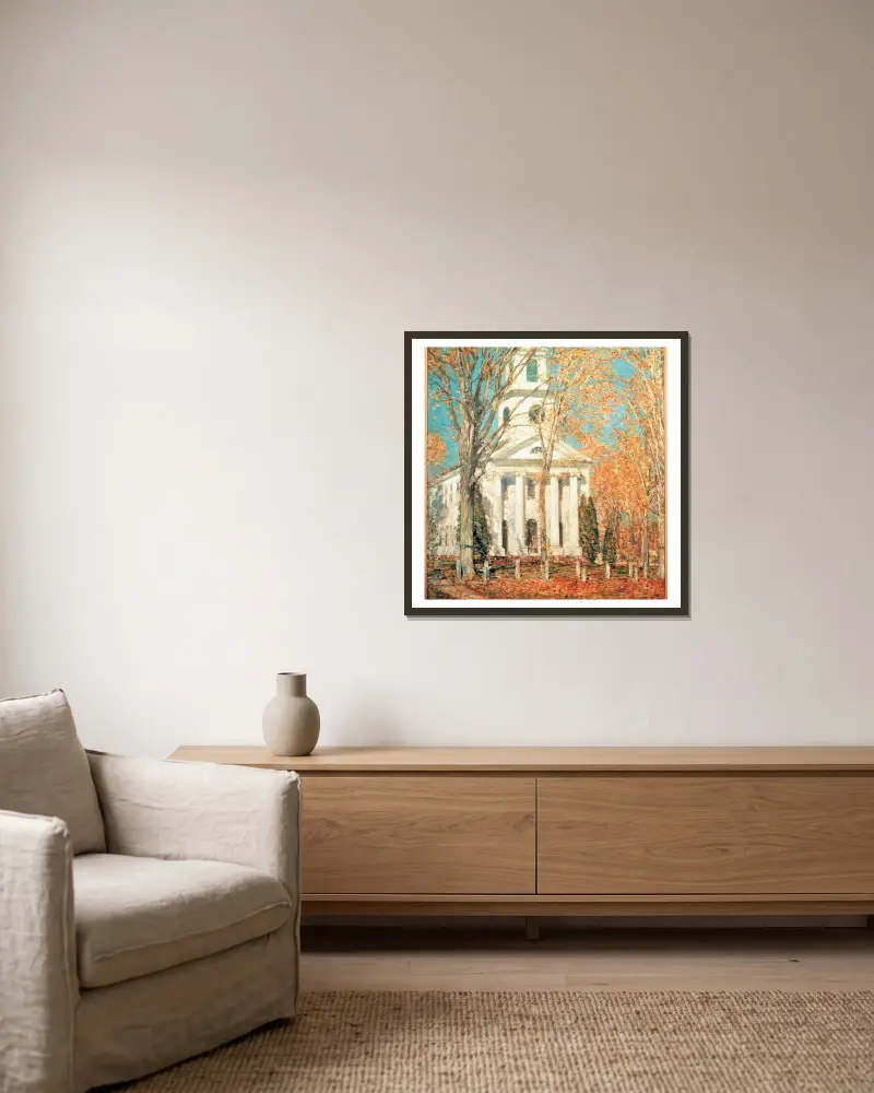 Kyrka i Old Lyme, Connecticut av Childe Hassam inramad på en vägg