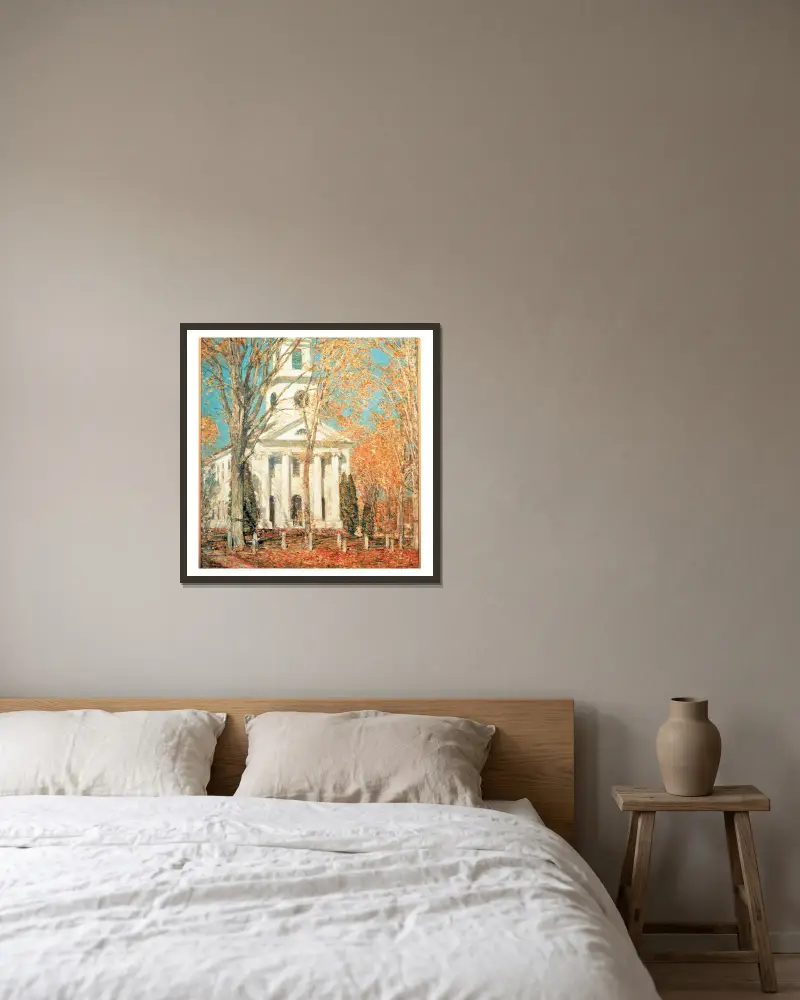 Kyrka i Old Lyme, Connecticut av Childe Hassam inramad på en vägg