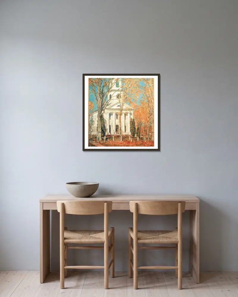Kyrka i Old Lyme, Connecticut av Childe Hassam inramad på en vägg