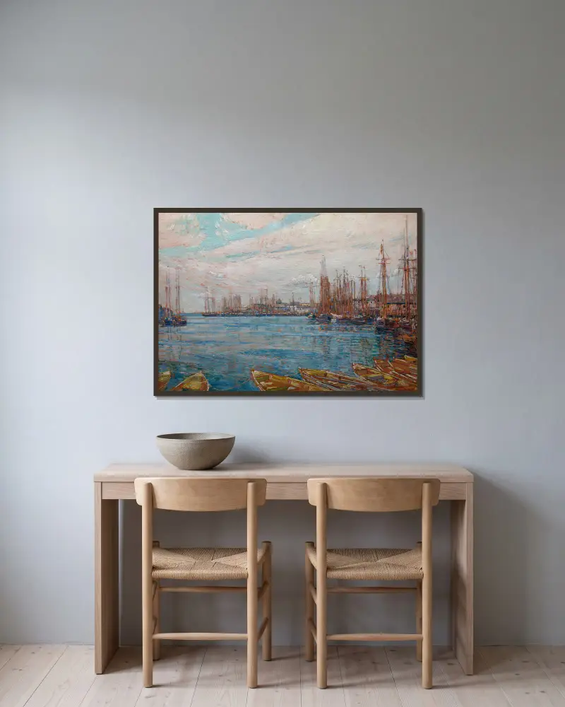Hamn med tusen master av Childe Hassam inramad på en vägg