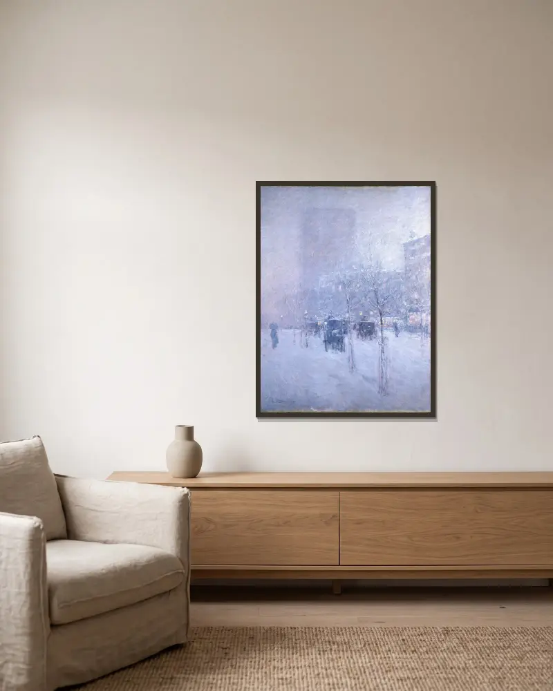 Sen eftermiddag, New York, vinter av Childe Hassam inramad på en vägg