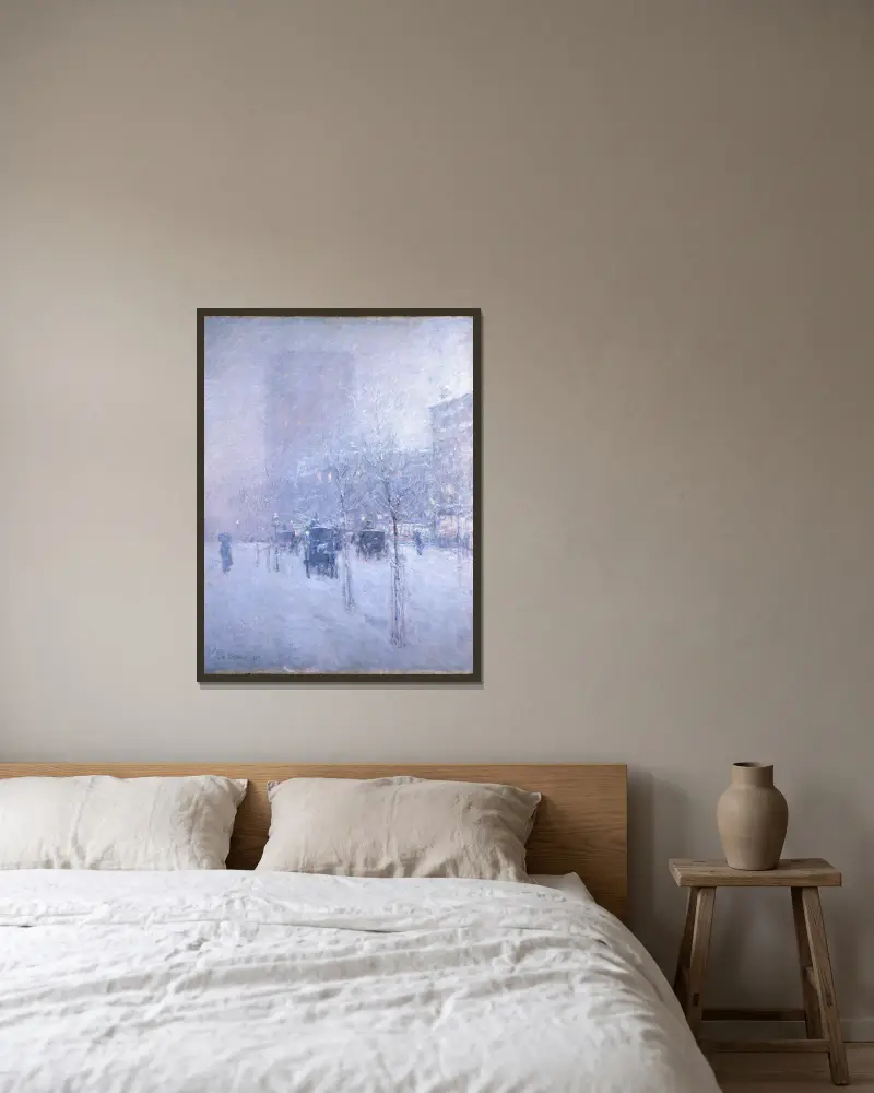 Sen eftermiddag, New York, vinter av Childe Hassam inramad på en vägg