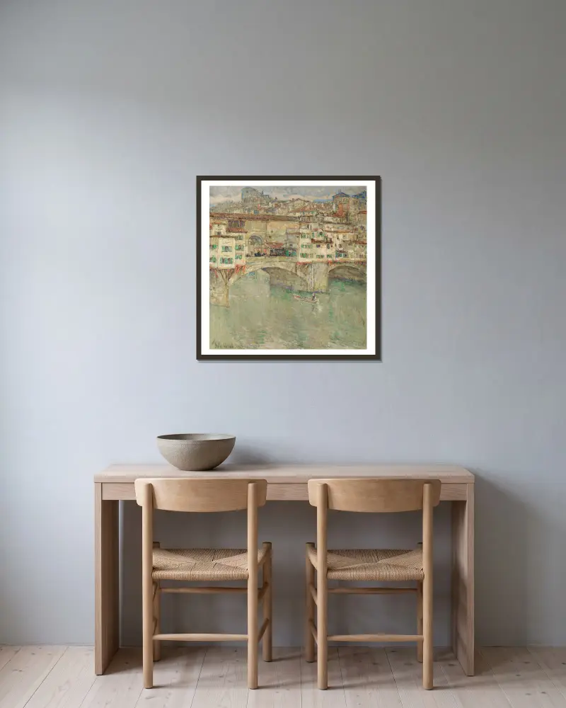 Ponte Vecchio av Childe Hassam inramad på en vägg