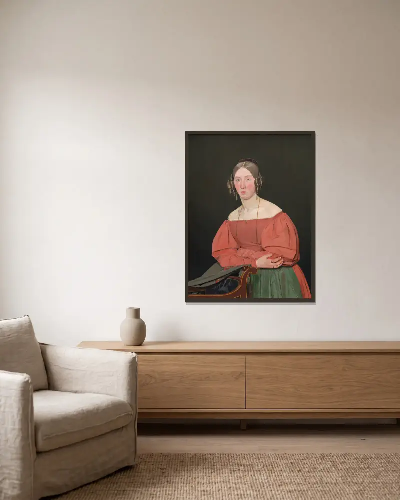 Bildnis der Schwester des Künstlers, Cecilie Margrethe Petersen, geborene Købke von Christen Købke gerahmt an einer Wand