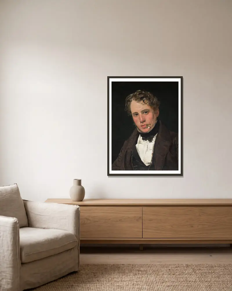 Porträtt av målaren Wilhelm Marstrand av Christen Købke inramad på en vägg