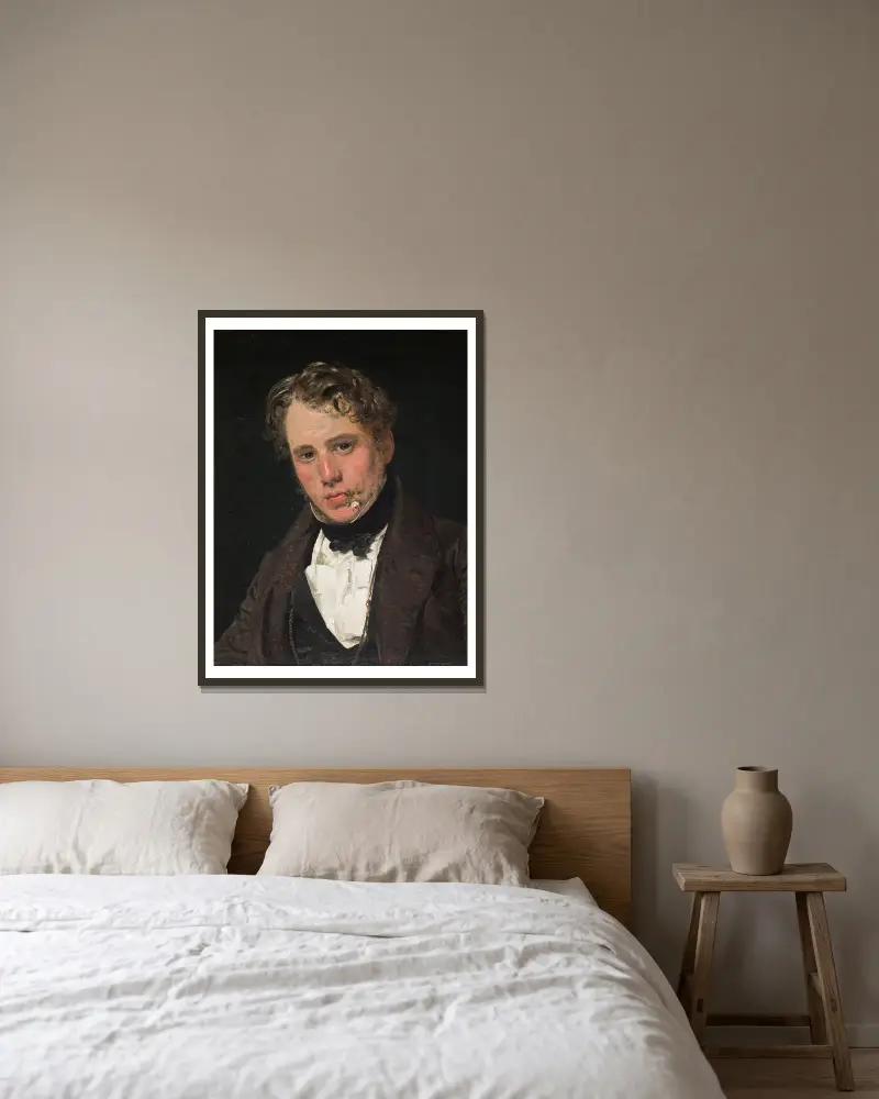 Porträtt av målaren Wilhelm Marstrand av Christen Købke inramad på en vägg