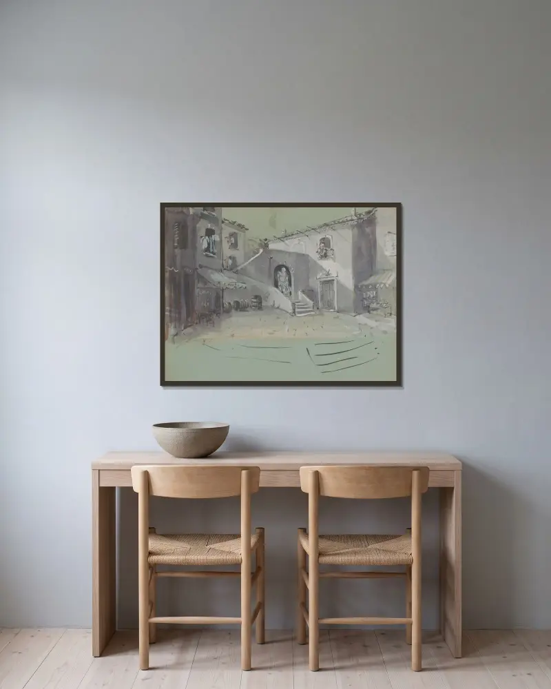 Innergård – scenografimodell av Christian Bérard inramad på en vägg